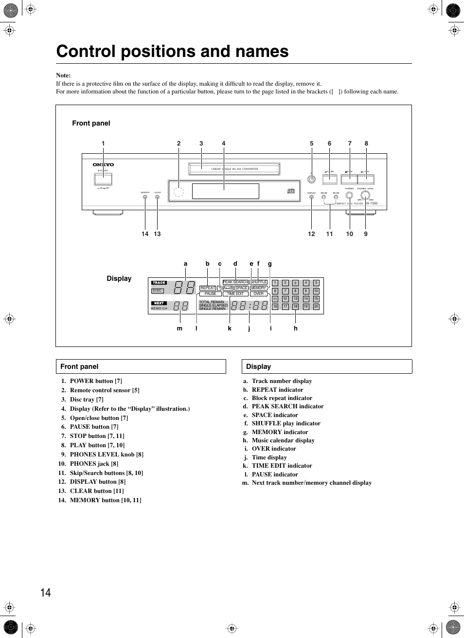 Control positions and names, Front panel, Display | Display front panel, Front panel display | Onkyo DX-7333 User Manual | Page 14 / 16