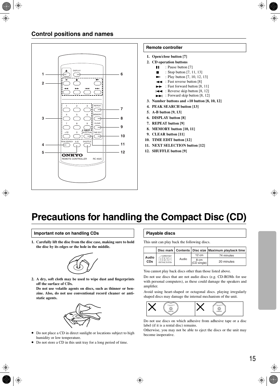 Control positions and names, Remote controller, Precautions for handling the compact disc (cd) | Important note on handling cds, Playable discs | Onkyo DX-7333 User Manual | Page 15 / 16