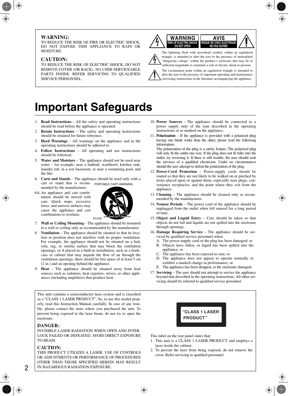 Important safeguards, Warning, Caution | Avis | Onkyo DX-7333 User Manual | Page 2 / 16