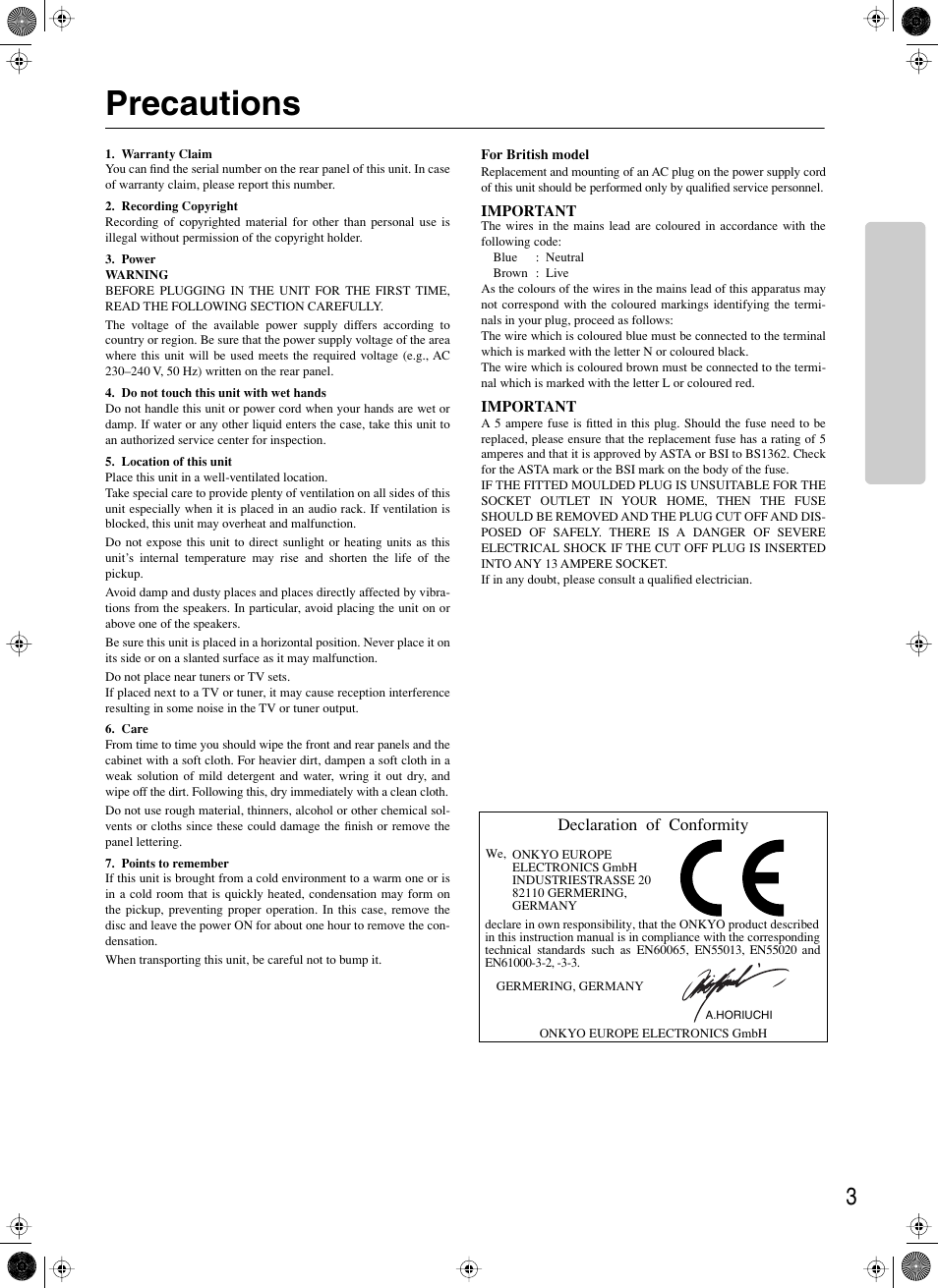 Precautions, For british model | Onkyo DX-7333 User Manual | Page 3 / 16