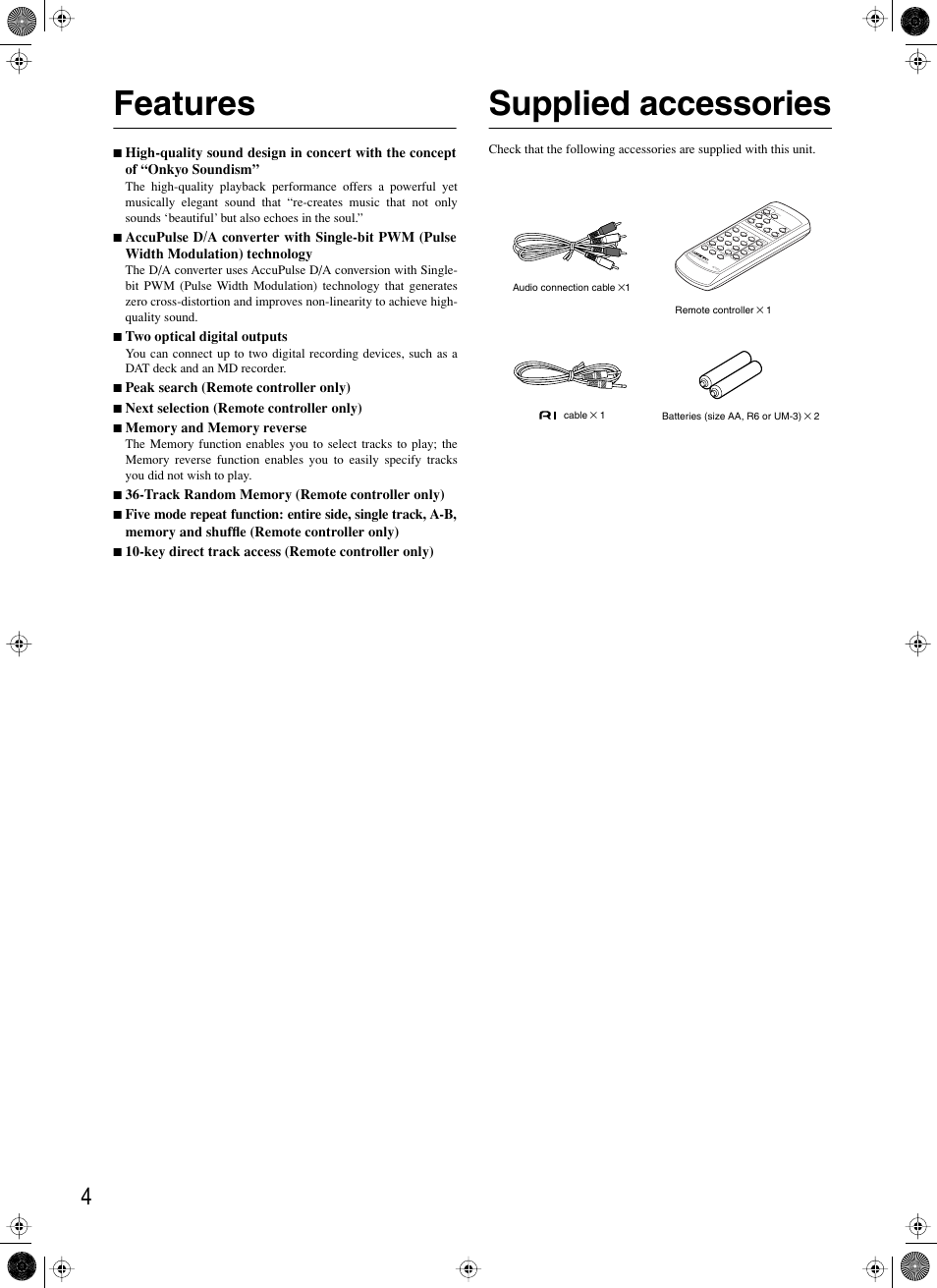 Features, Supplied accessories, Features supplied accessories | Onkyo DX-7333 User Manual | Page 4 / 16