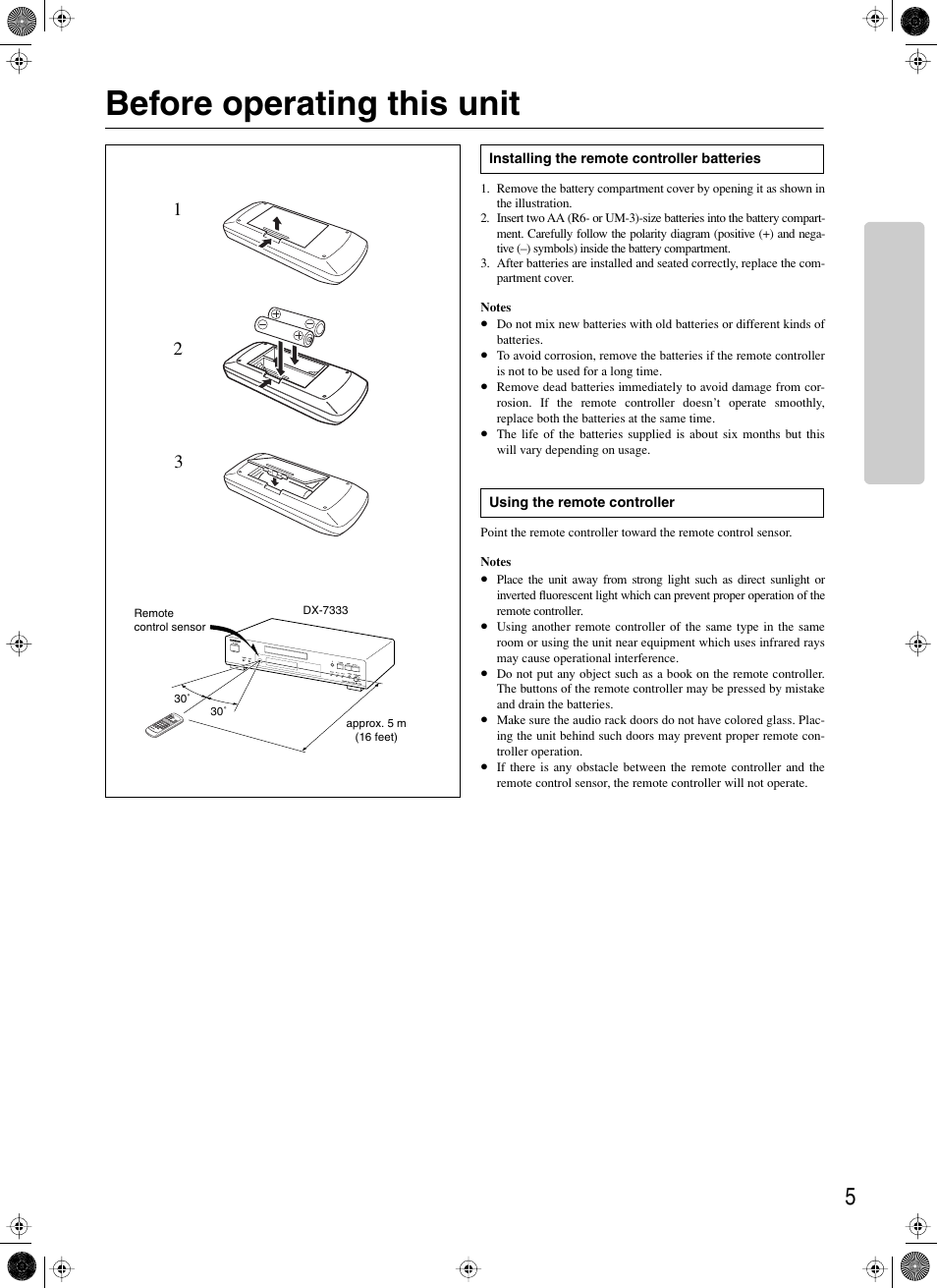 Before operating this unit, Installing the remote controller batteries, Using the remote controller | Onkyo DX-7333 User Manual | Page 5 / 16