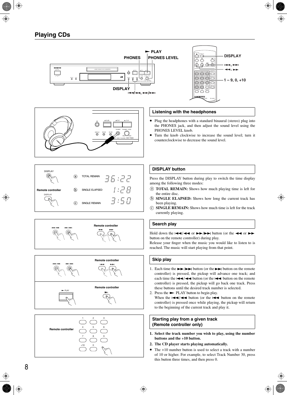 Playing cds, Listening with the headphones, Display button | Search play, Skip play, Starting play from a given track (remote controlle, Play display phones level phones, Ab c | Onkyo DX-7333 User Manual | Page 8 / 16