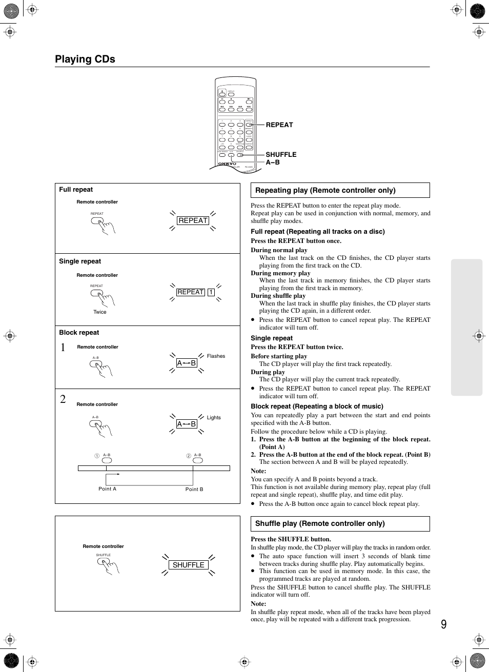 Playing cds, Repeating play (remote controller only), Full repeat (repeating all tracks on a disc) | Single repeat, Block repeat (repeating a block of music), Shuffle play (remote controller only), Full repeat, Block repeat | Onkyo DX-7333 User Manual | Page 9 / 16