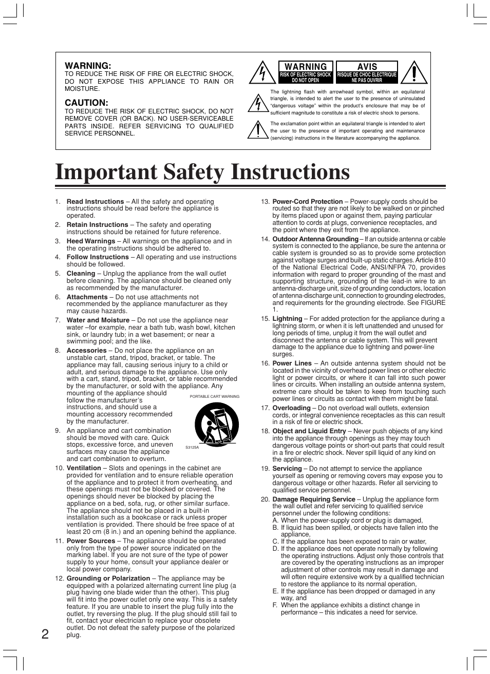 Important safety instructions, Warning, Caution | Avis | Onkyo DR-L50 User Manual | Page 2 / 88