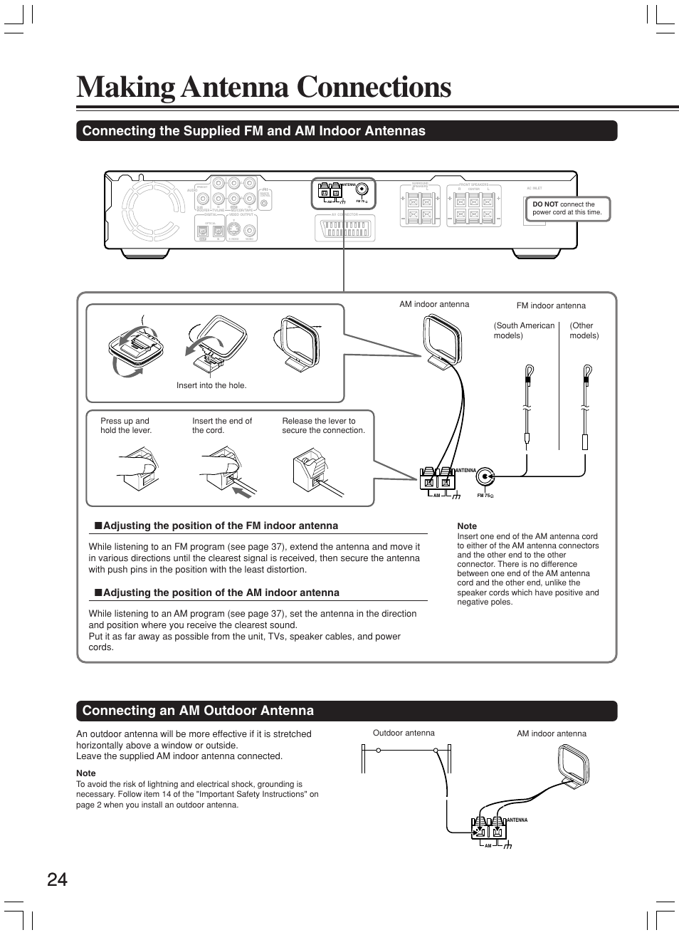 Making antenna connections, Connecting an am outdoor antenna, Connecting the supplied fm and am indoor antennas | Adjusting the position of the fm indoor antenna, Adjusting the position of the am indoor antenna | Onkyo DR-L50 User Manual | Page 24 / 88