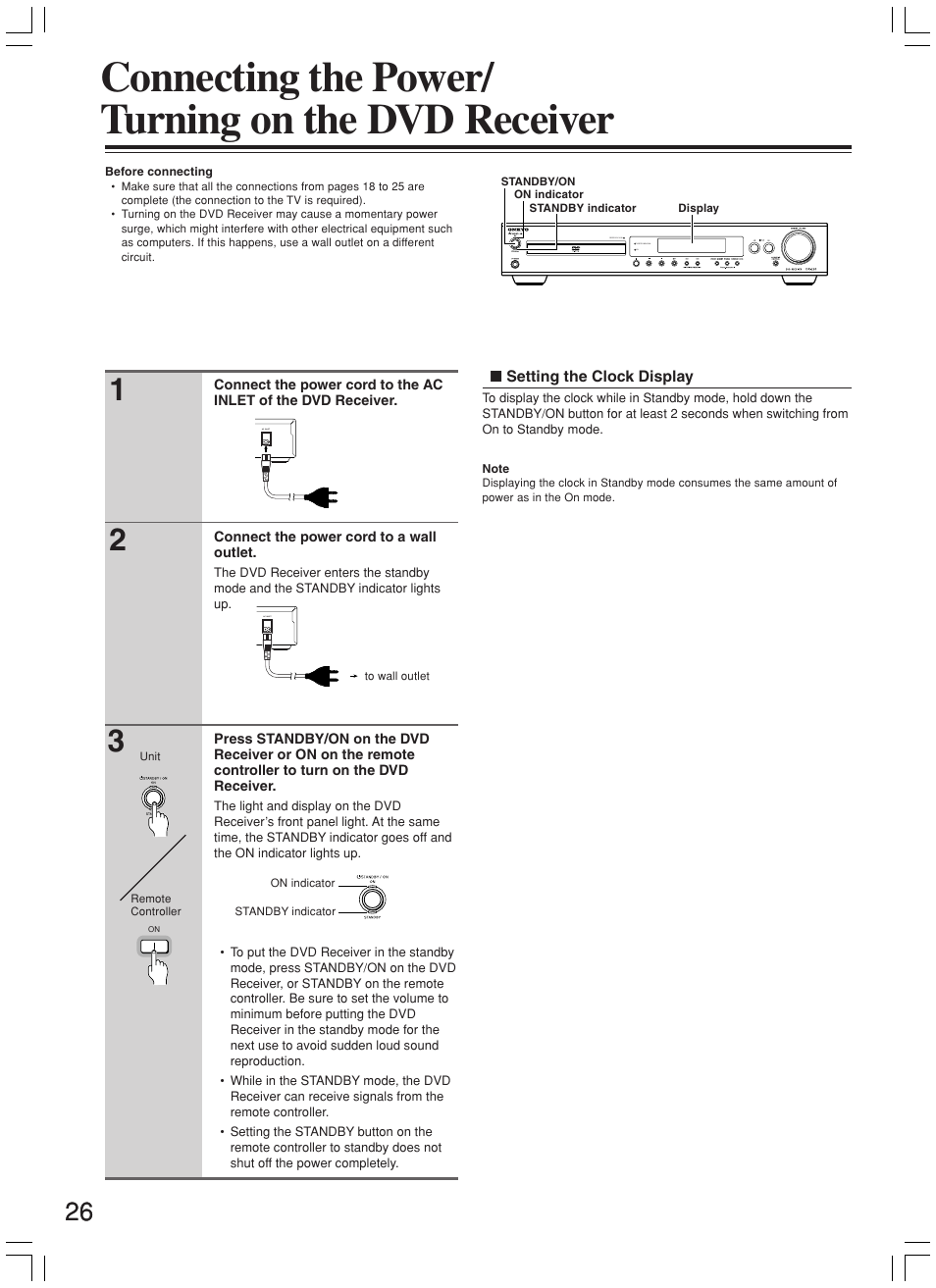 Connecting the power/ turning on the dvd receiver | Onkyo DR-L50 User Manual | Page 26 / 88