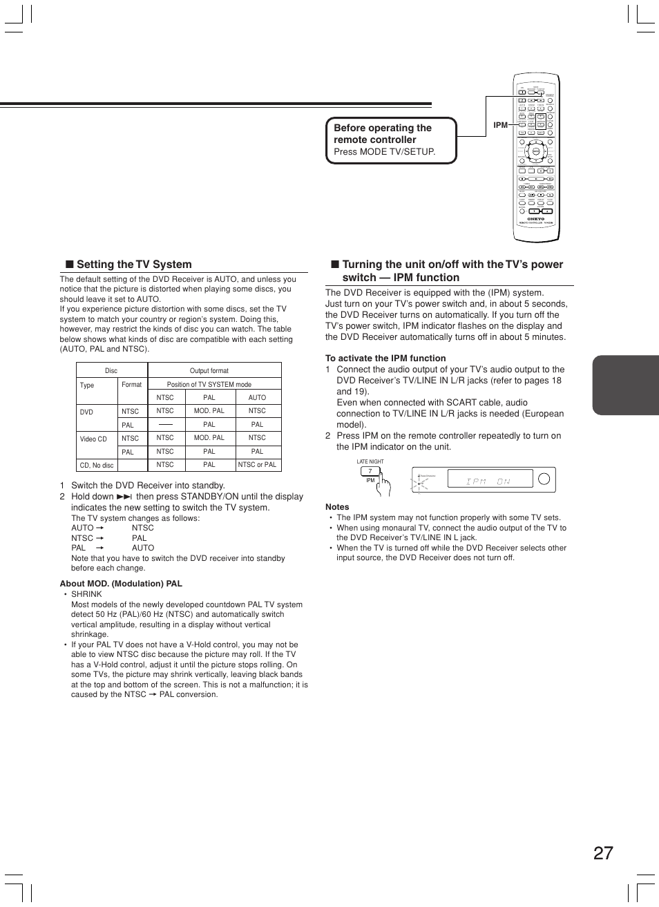 Setting the tv system, Before operating the remote controller, Press mode tv/setup | About mod. (modulation) pal | Onkyo DR-L50 User Manual | Page 27 / 88