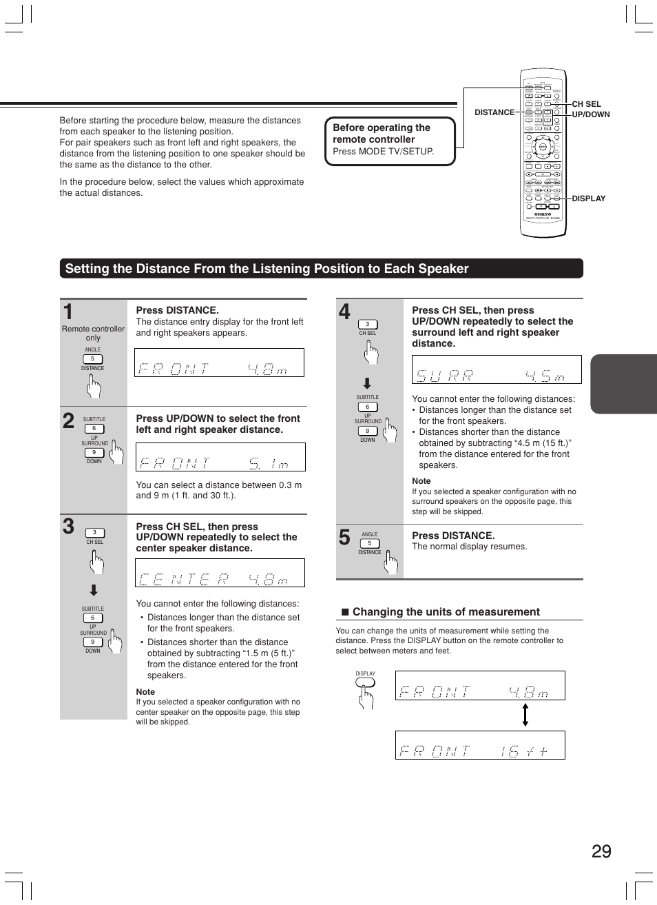 Changing the units of measurement, Press distance, Before operating the remote controller | The normal display resumes, Press mode tv/setup, Distance up/down display ch sel | Onkyo DR-L50 User Manual | Page 29 / 88