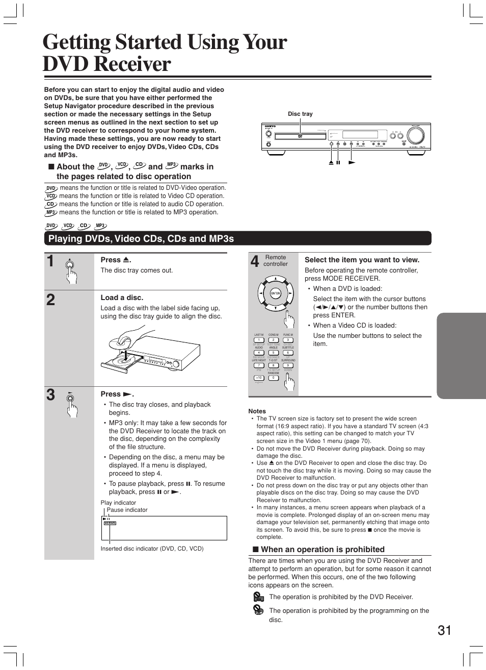 Getting started using your dvd receiver, Playing dvds, video cds, cds and mp3s, About the | Marks in the pages related to disc operation, When an operation is prohibited | Onkyo DR-L50 User Manual | Page 31 / 88