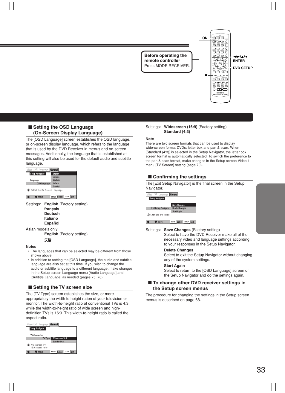Setting the tv screen size, Confirming the settings, Before operating the remote controller | Press mode receiver, 2 / 3 / 5 / ∞ enter 7 dvd setup on | Onkyo DR-L50 User Manual | Page 33 / 88