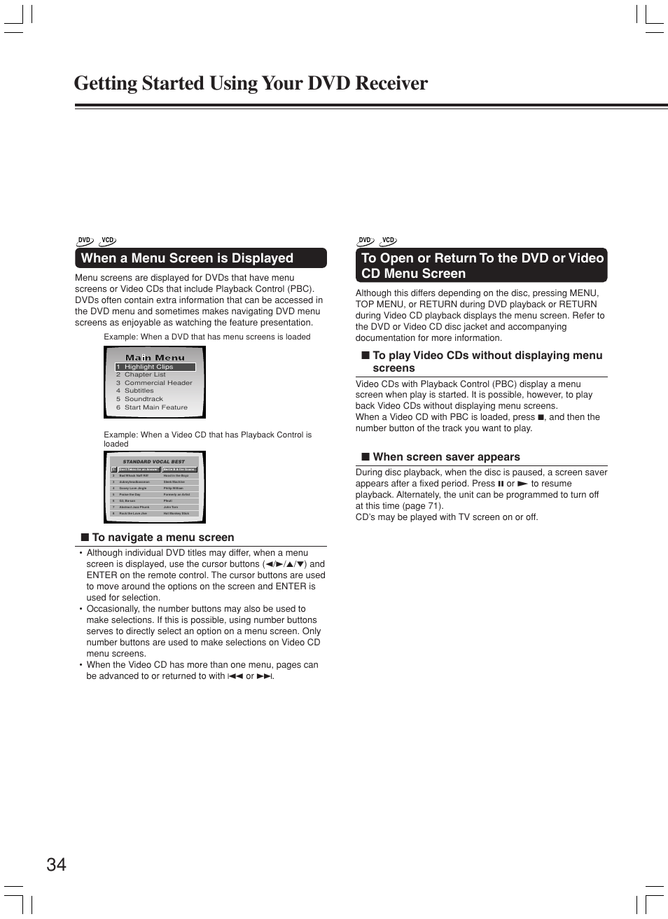 Getting started using your dvd receiver, When a menu screen is displayed, When screen saver appears | Onkyo DR-L50 User Manual | Page 34 / 88
