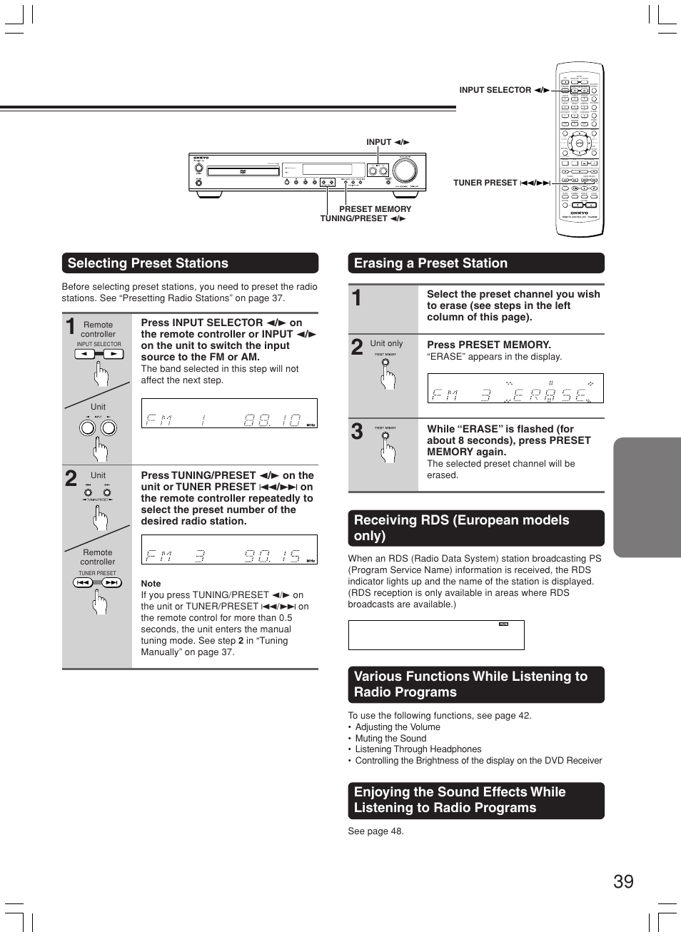 Selecting preset stations, Receiving rds (european models only), Theater-dimensional progressive scan ipm | See page 48, Erase” appears in the display, The selected preset channel will be erased | Onkyo DR-L50 User Manual | Page 39 / 88
