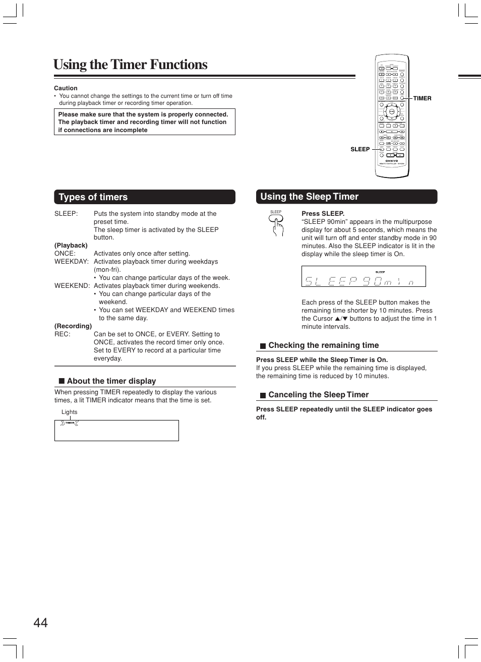 Using the timer functions, Types of timers, Using the sleep timer | About the timer display, Checking the remaining time, Canceling the sleep timer, Caution, Sleep timer lights | Onkyo DR-L50 User Manual | Page 44 / 88