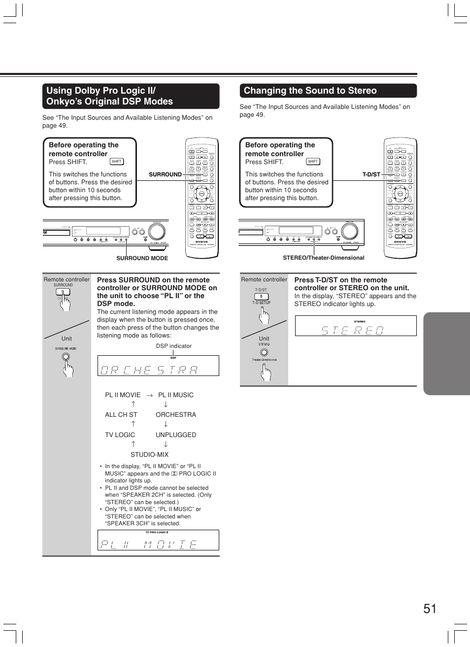 Changing the sound to stereo, Theater-dimensional progressive scan ipm, Before operating the remote controller | Remote controller, Unit remote controller unit, Surround, Surround mode, Stereo/theater-dimensional, T-d/st | Onkyo DR-L50 User Manual | Page 51 / 88