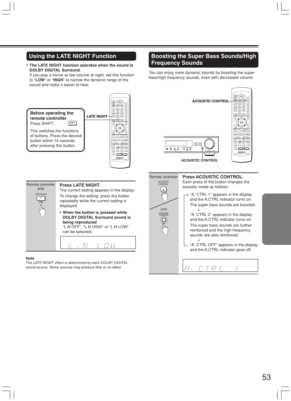 Using the late night function, Press late night, Theater-dimensional progressive scan ipm | Press acoustic control, Before operating the remote controller, Remote controller only, Acoustic control, Late night | Onkyo DR-L50 User Manual | Page 53 / 88
