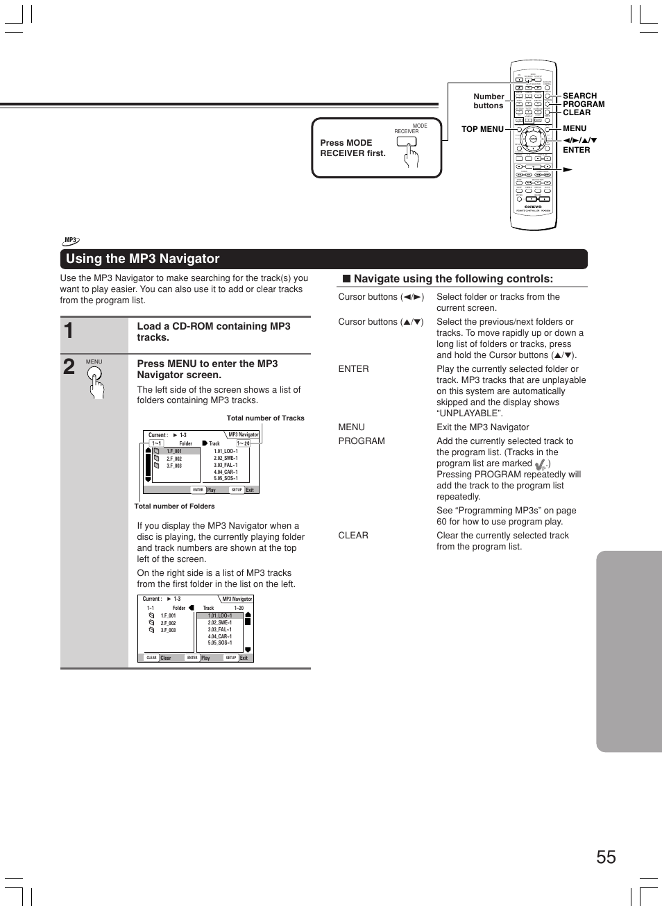 Using the mp3 navigator, Navigate using the following controls, Press mode receiver first | Number buttons, Total number of tracks total number of folders | Onkyo DR-L50 User Manual | Page 55 / 88