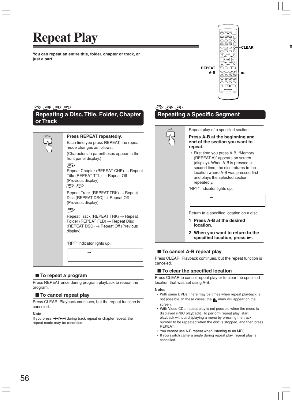 Repeat play, Repeating a disc, title, folder, chapter or track, Repeating a specific segment | Press repeat repeatedly, Repeat clear a-b | Onkyo DR-L50 User Manual | Page 56 / 88