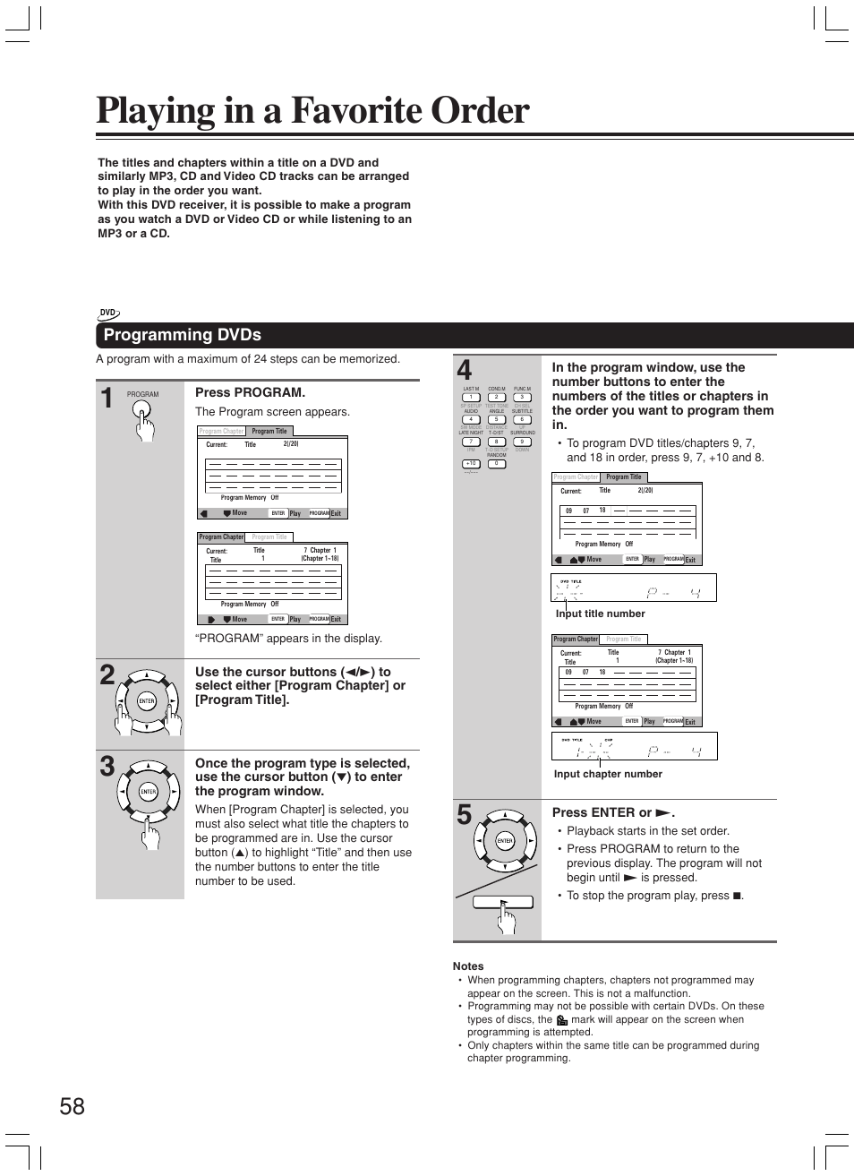 Playing in a favorite order, Programming dvds, Press program | Press enter or | Onkyo DR-L50 User Manual | Page 58 / 88