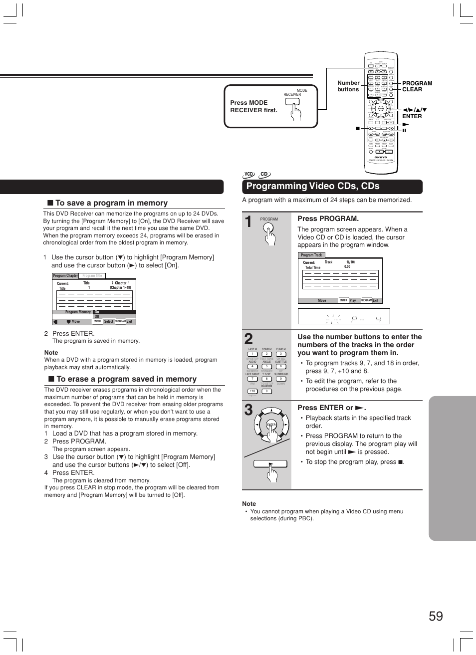 Programming video cds, cds, Press program, Press enter or | Press mode receiver first, Number buttons, The program screen appears | Onkyo DR-L50 User Manual | Page 59 / 88