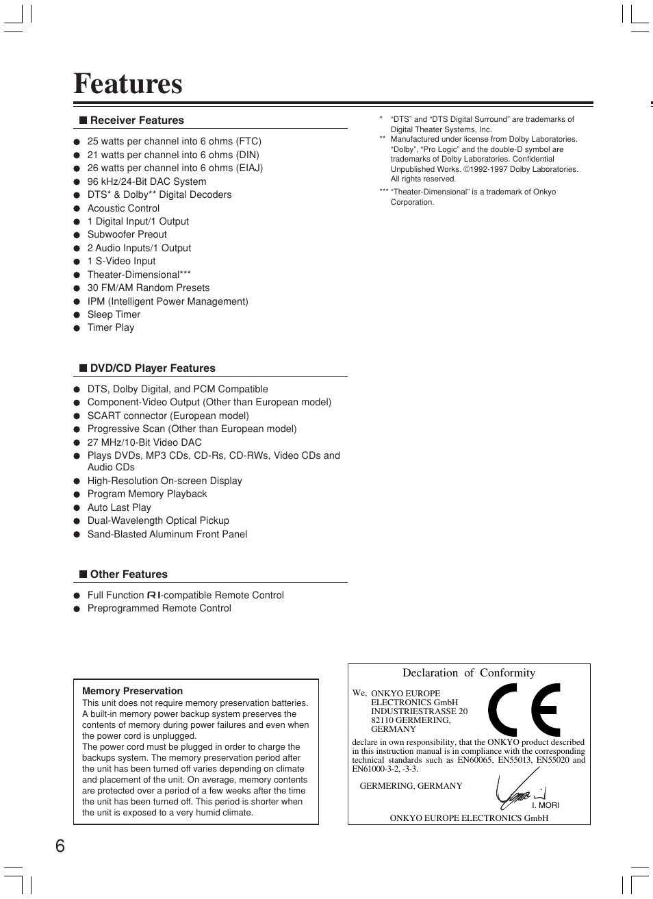 Features | Onkyo DR-L50 User Manual | Page 6 / 88