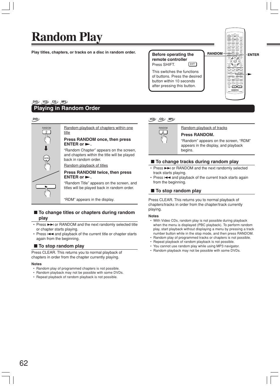 Random play, Playing in random order, Press random once, then press enter or | Press random twice, then press enter or, Press random, Before operating the remote controller, Random playback of chapters within one title, Random enter | Onkyo DR-L50 User Manual | Page 62 / 88