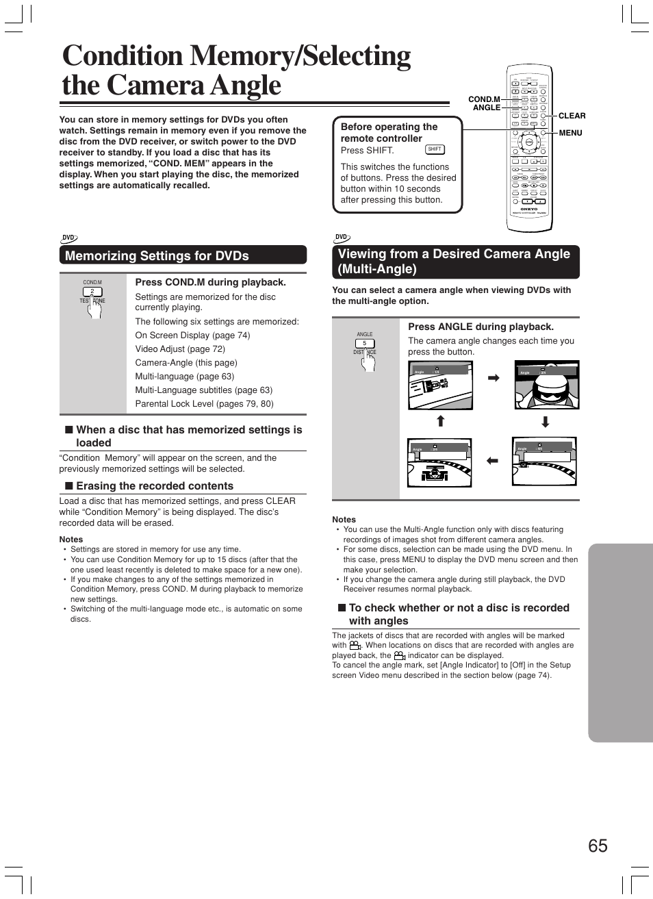 Viewing from a desired camera angle (multi-angle), Erasing the recorded contents, Press cond.m during playback | Press angle during playback, Before operating the remote controller, Clear cond.m menu angle | Onkyo DR-L50 User Manual | Page 65 / 88