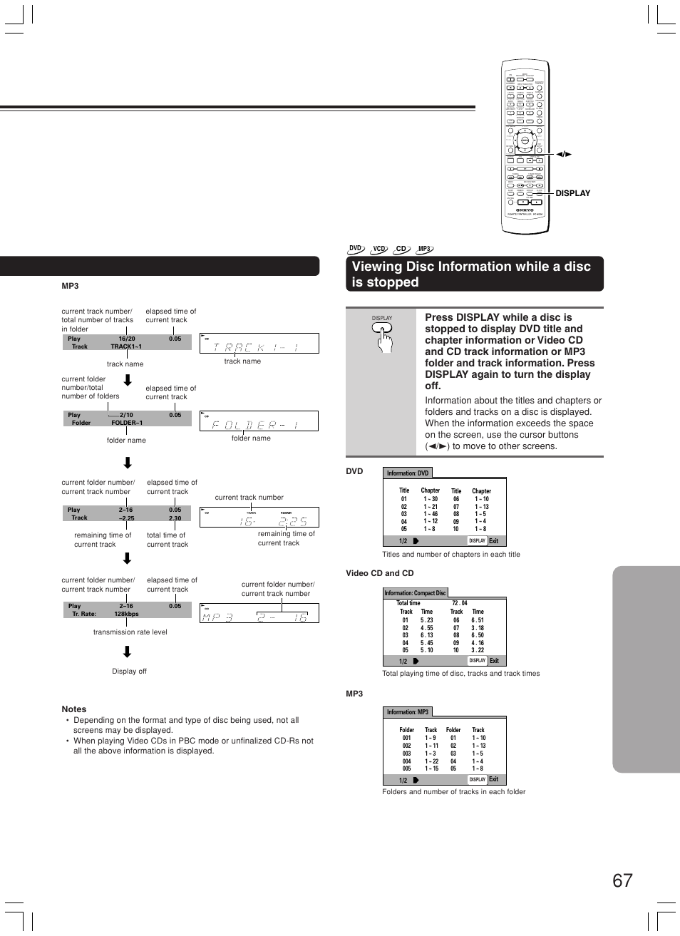 Viewing disc information while a disc is stopped, Display 2 / 3, Mp3 video cd and cd | Onkyo DR-L50 User Manual | Page 67 / 88