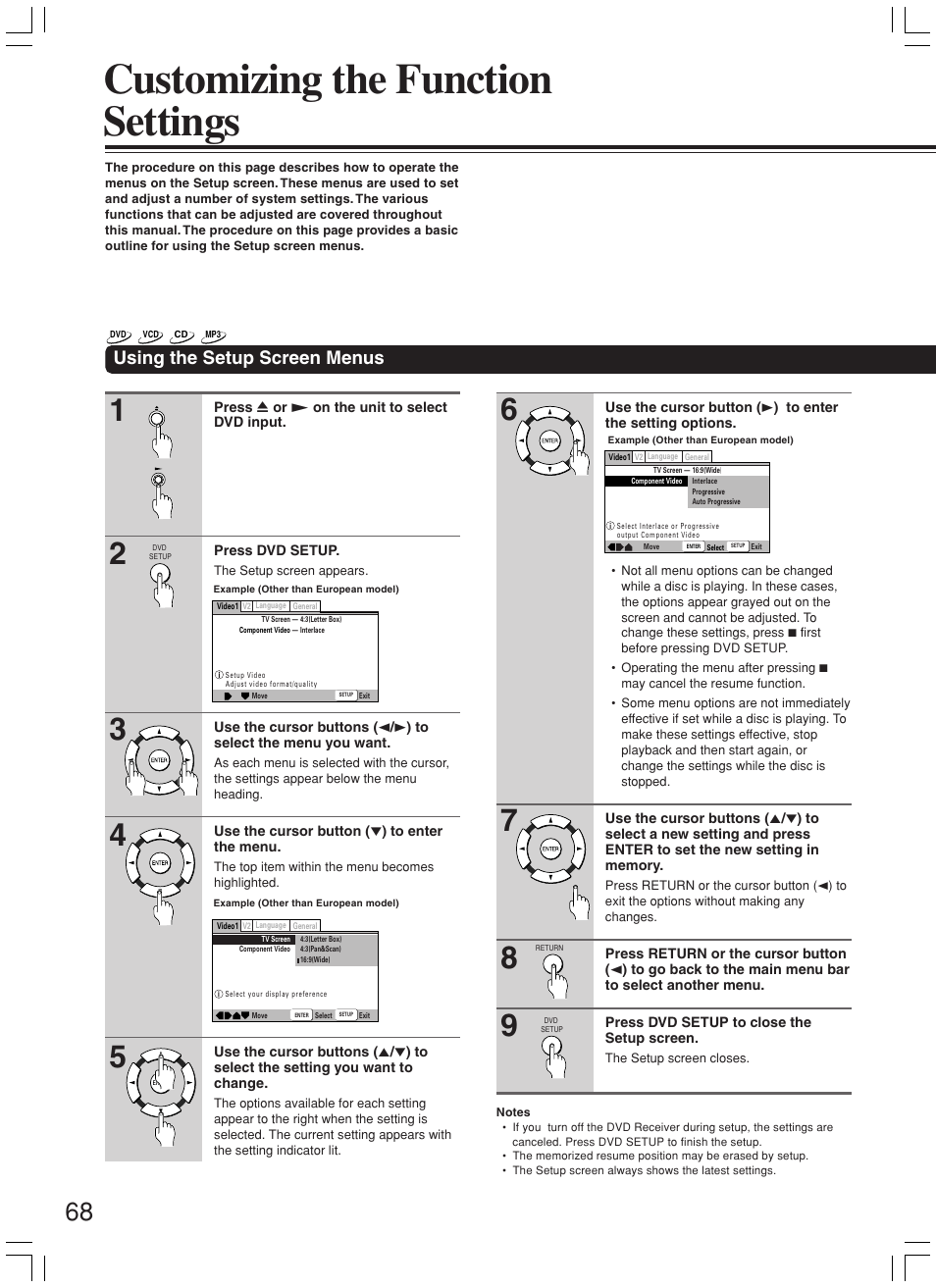 Customizing the function settings, Using the setup screen menus | Onkyo DR-L50 User Manual | Page 68 / 88