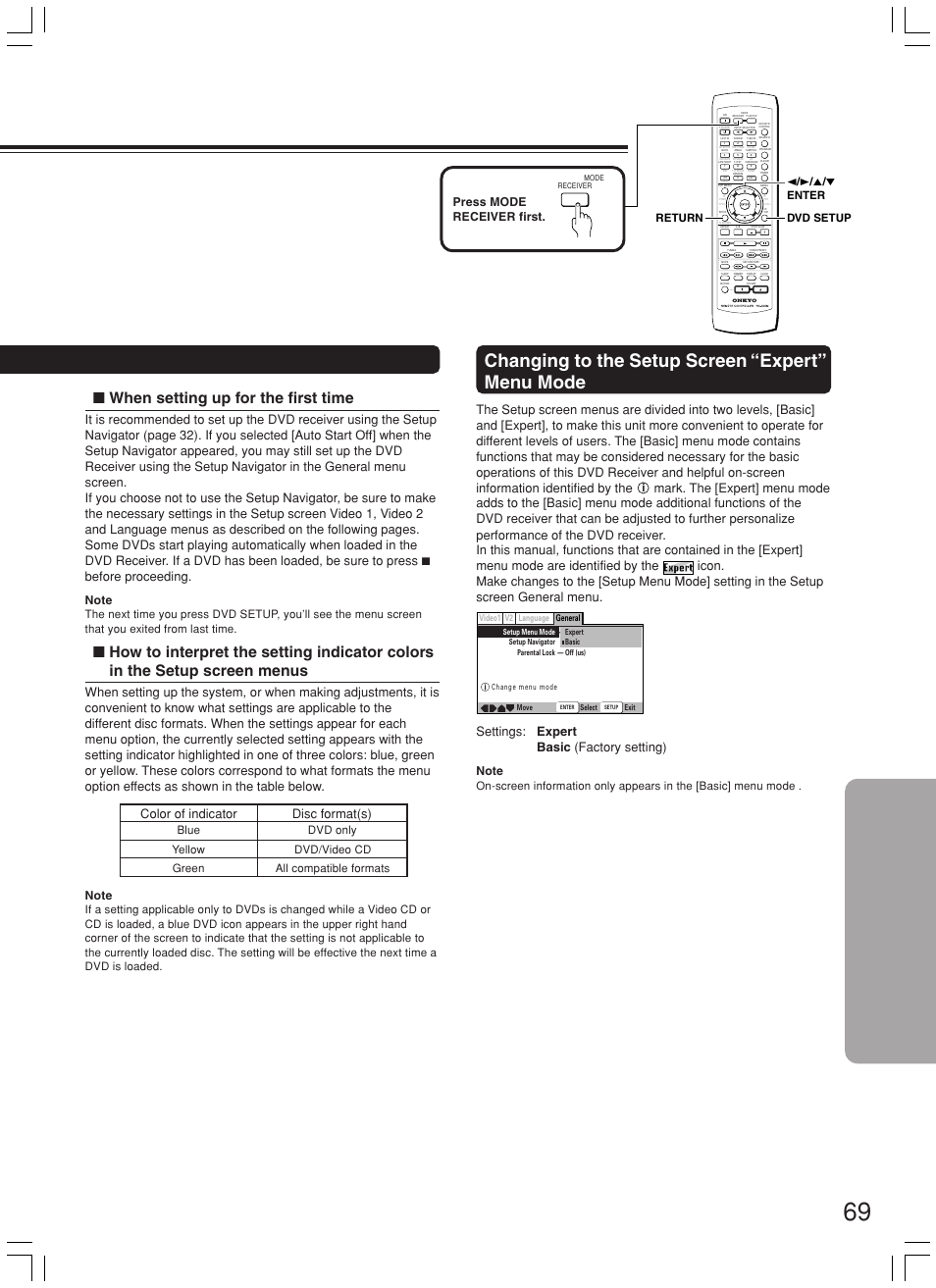 Changing to the setup screen “expert” menu mode, When setting up for the first time, Settings: expert basic (factory setting) | Press mode receiver first, Expert, 2 / 3 / 5 / ∞ enter dvd setup return | Onkyo DR-L50 User Manual | Page 69 / 88