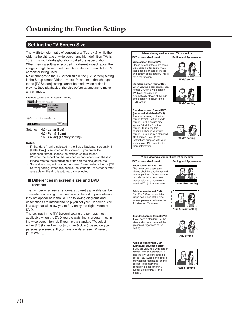 Customizing the function settings, Setting the tv screen size, Differences in screen sizes and dvd formats | Onkyo DR-L50 User Manual | Page 70 / 88