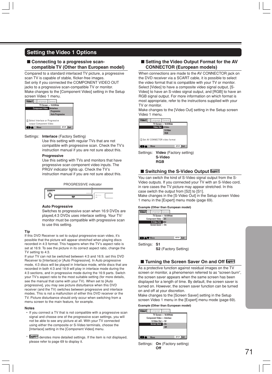 Setting the video 1 options, Turning the screen saver on and off, Switching the s-video output | Theater-dimensional progressive scan ipm | Onkyo DR-L50 User Manual | Page 71 / 88