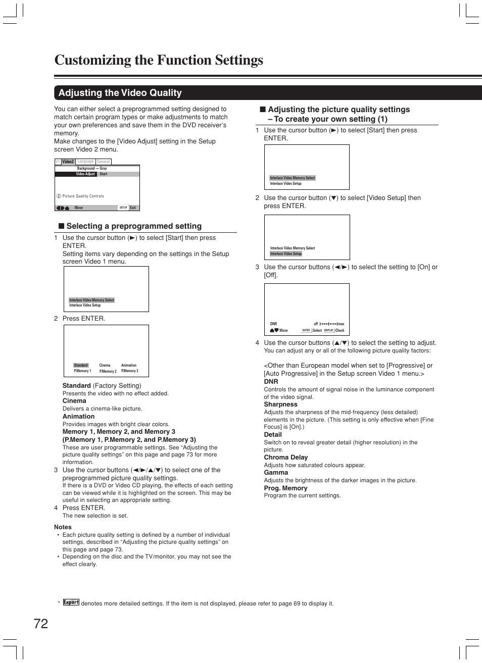 Customizing the function settings, Adjusting the video quality, Selecting a preprogrammed setting | Onkyo DR-L50 User Manual | Page 72 / 88