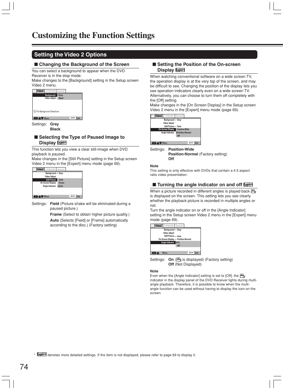 Customizing the function settings, Setting the video 2 options, Changing the background of the screen | Selecting the type of paused image to display, Setting the position of the on-screen display, Turning the angle indicator on and off | Onkyo DR-L50 User Manual | Page 74 / 88