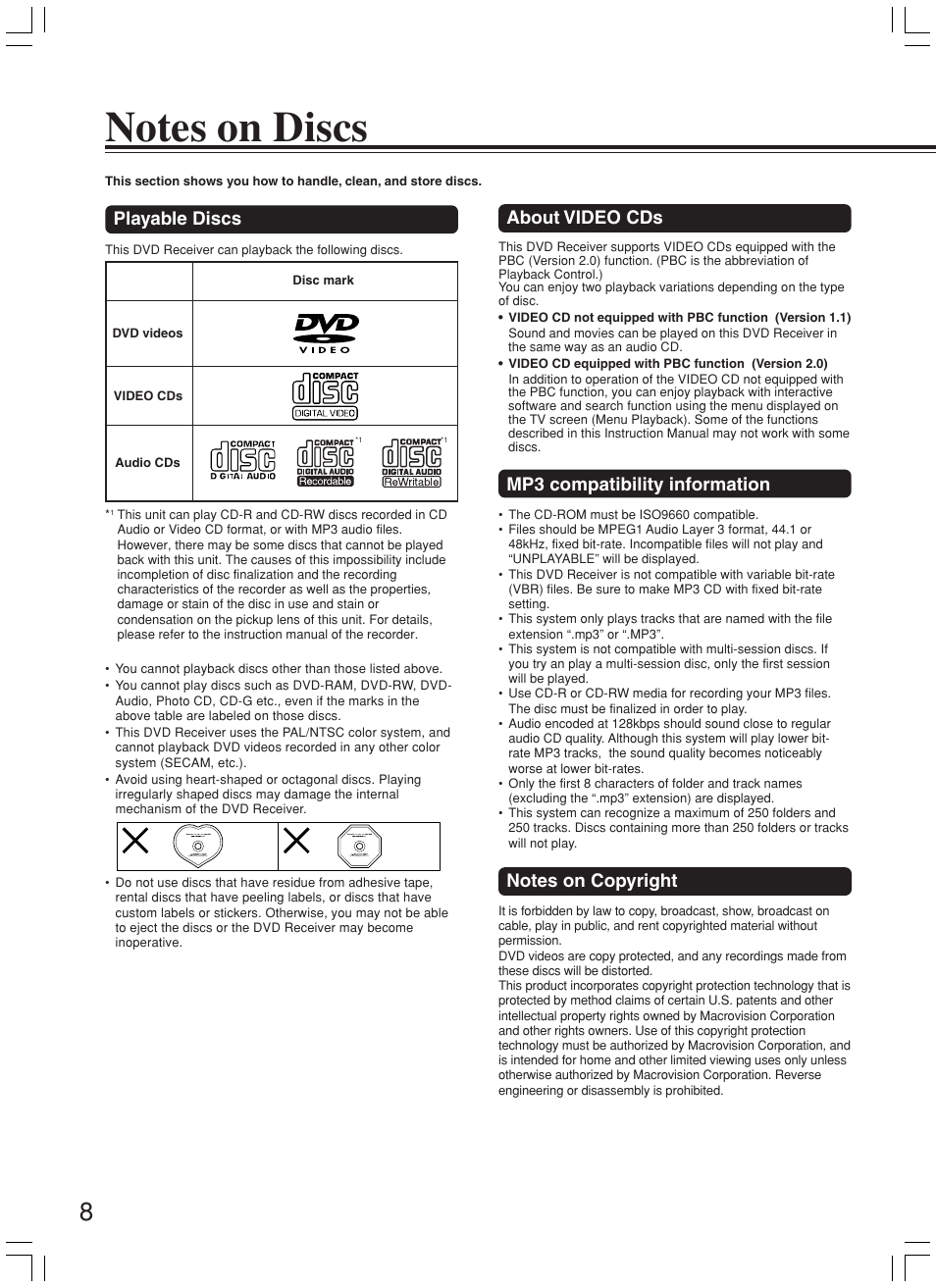 Playable discs, About video cds, Mp3 compatibility information | Onkyo DR-L50 User Manual | Page 8 / 88