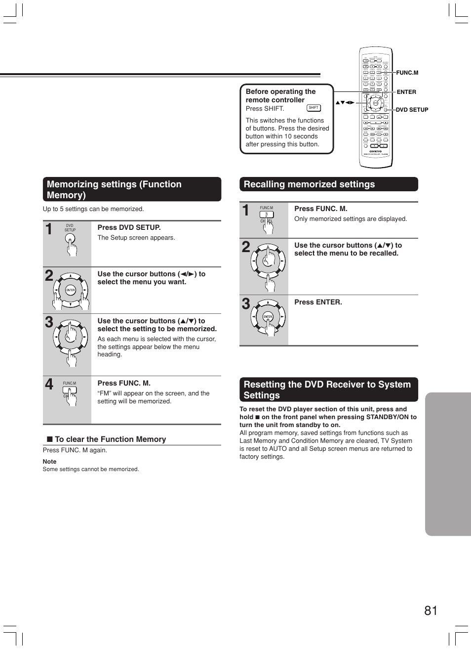 Resetting the dvd receiver to system settings, Press dvd setup, Press func. m | Before operating the remote controller, The setup screen appears, Press func. m again, 5∞23 func.m dvd setup enter | Onkyo DR-L50 User Manual | Page 81 / 88