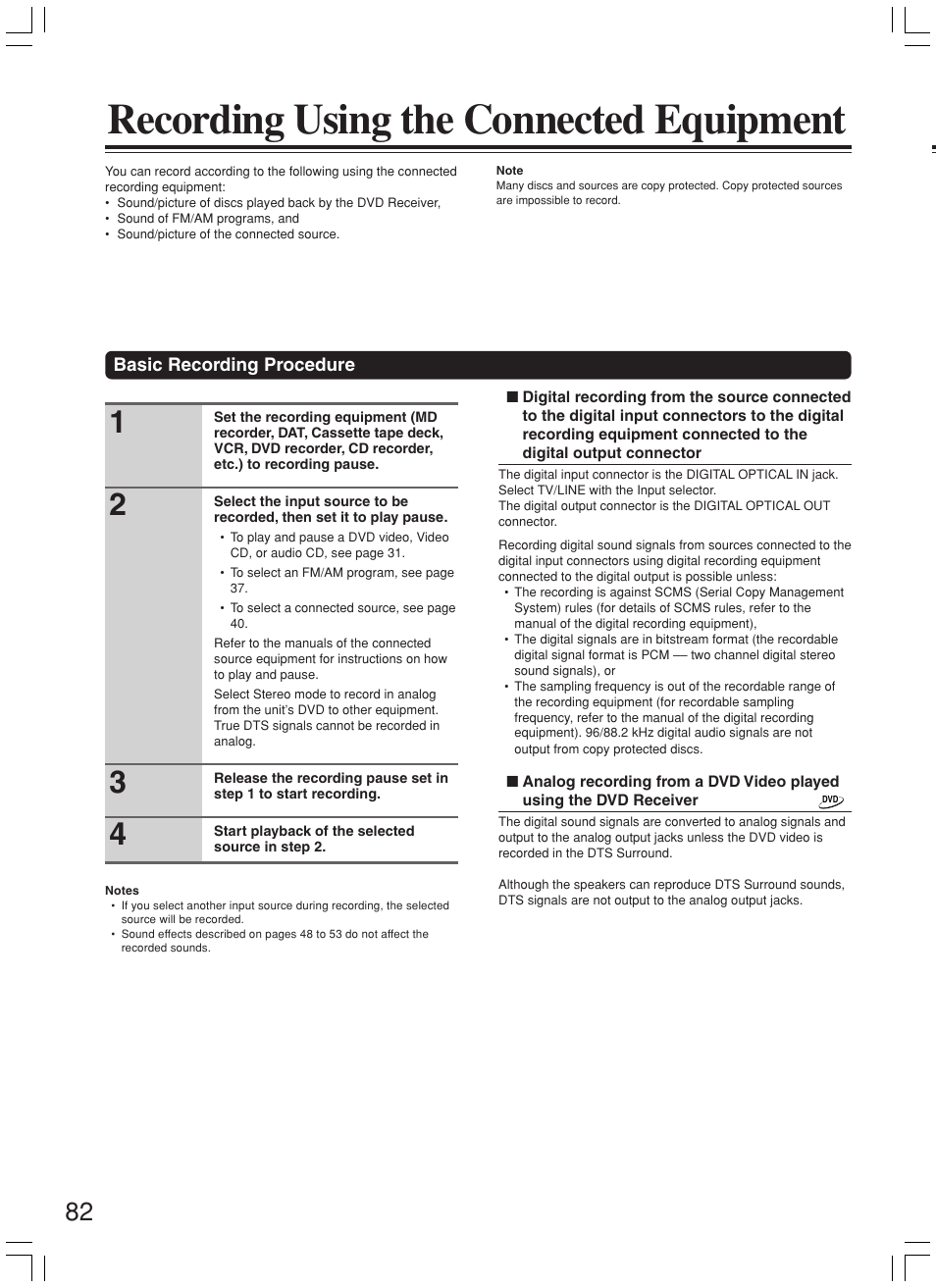 Recording using the connected equipment | Onkyo DR-L50 User Manual | Page 82 / 88