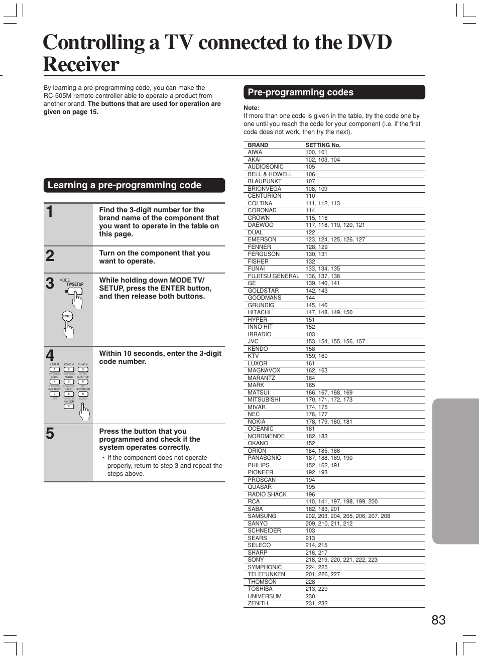 Controlling a tv connected to the dvd receiver, Pre-programming codes, Learning a pre-programming code | Onkyo DR-L50 User Manual | Page 83 / 88