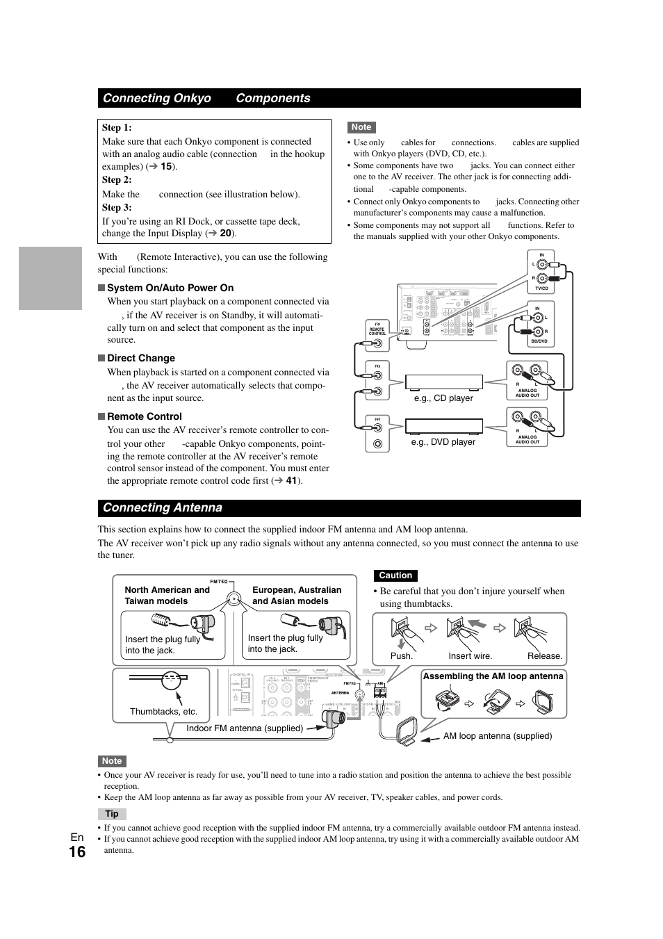 Connecting onkyo ri components, Connecting antenna, Connecting onkyo | Connecting onkyo components | Onkyo TX SR308 User Manual | Page 16 / 52