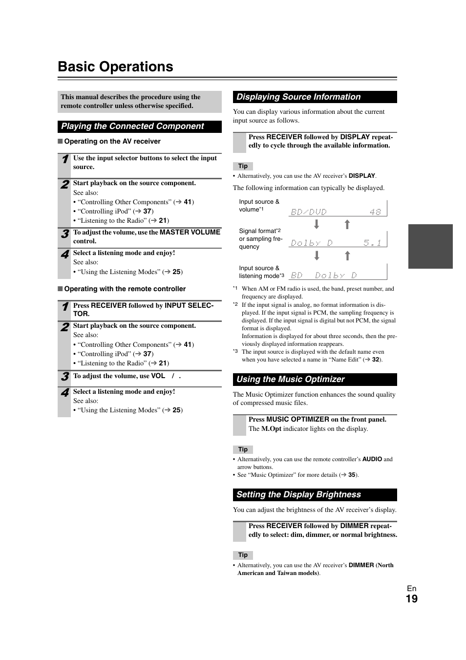 Basic operations, Playing the connected component, Displaying source information | Using the music optimizer, Setting the display brightness, Models), Tton | Onkyo TX SR308 User Manual | Page 19 / 52