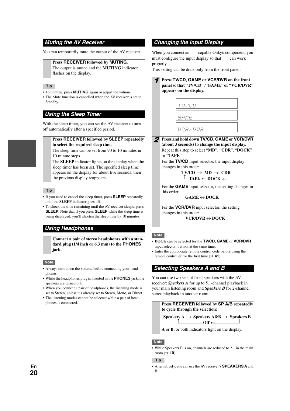 Muting the av receiver, Using the sleep timer, Using headphones | Changing the input display, Selecting speakers a and b, Tton | Onkyo TX SR308 User Manual | Page 20 / 52