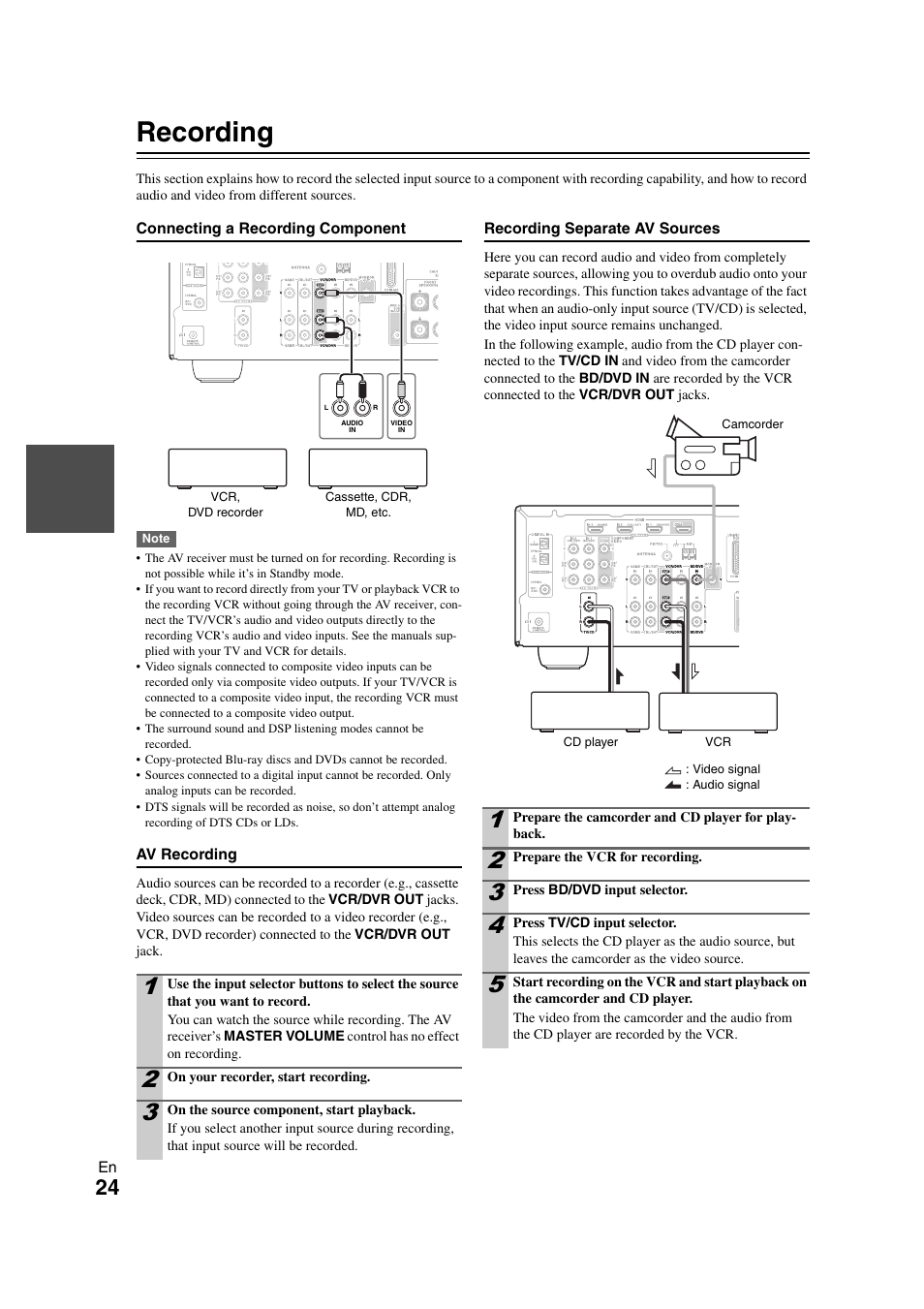 Recording, Cording | Onkyo TX SR308 User Manual | Page 24 / 52