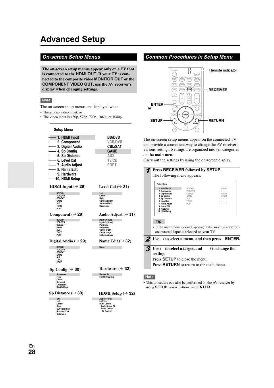Advanced operations, Advanced setup, On-screen setup menus | Common procedures in setup menu, Disabled. see “advanced setup” fo, E “advanced setup” for | Onkyo TX SR308 User Manual | Page 28 / 52