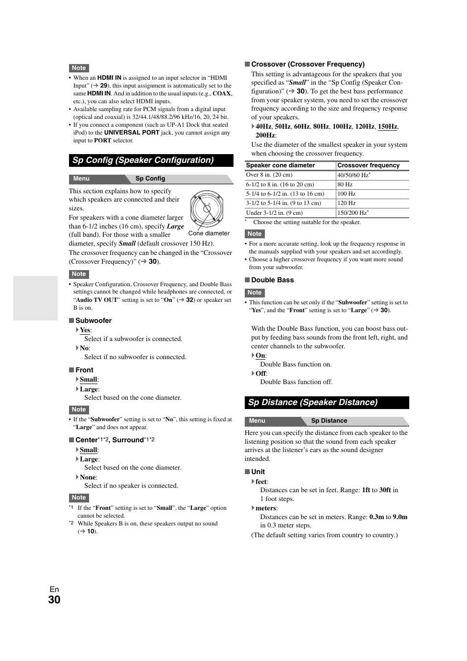 Sp config (speaker configuration), Sp distance (speaker distance), Distance | Onkyo TX SR308 User Manual | Page 30 / 52