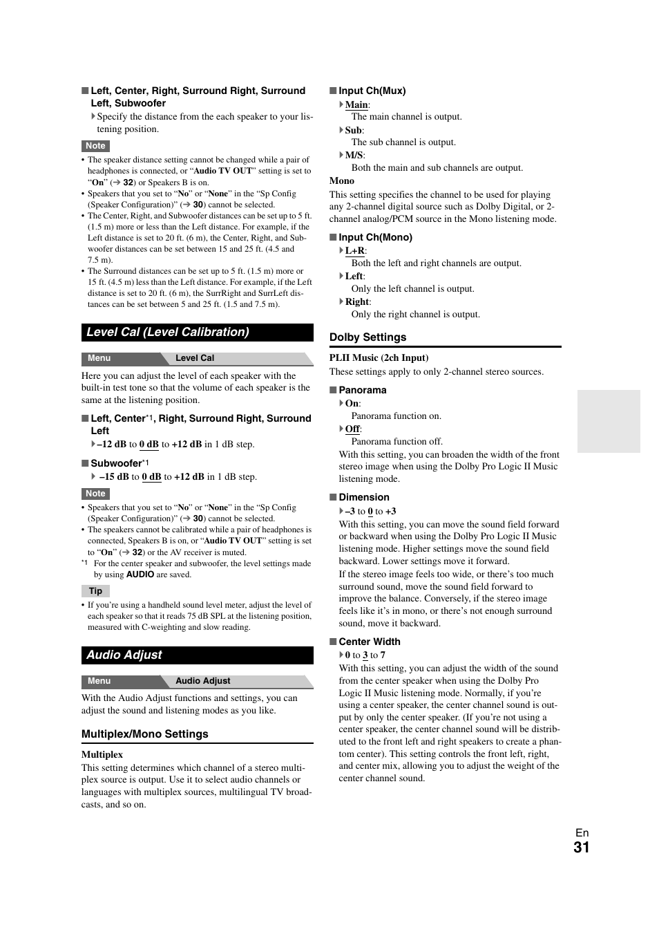 Level cal (level calibration), Audio adjust, Level cal (level calibration) audio adjust | Onkyo TX SR308 User Manual | Page 31 / 52