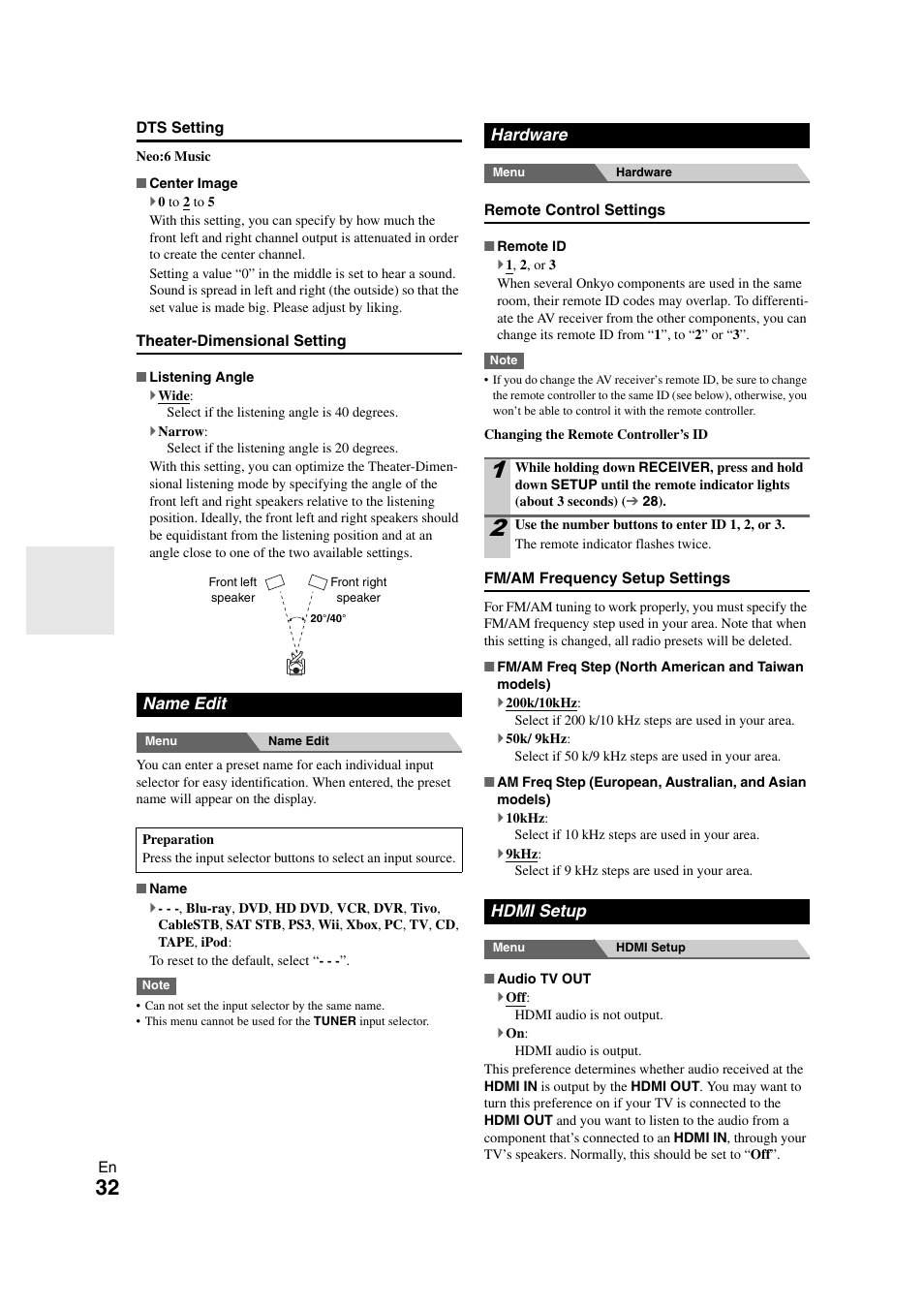 Name edit, Hardware, Hdmi setup | Name edit hardware hdmi setup, In “name edit | Onkyo TX SR308 User Manual | Page 32 / 52