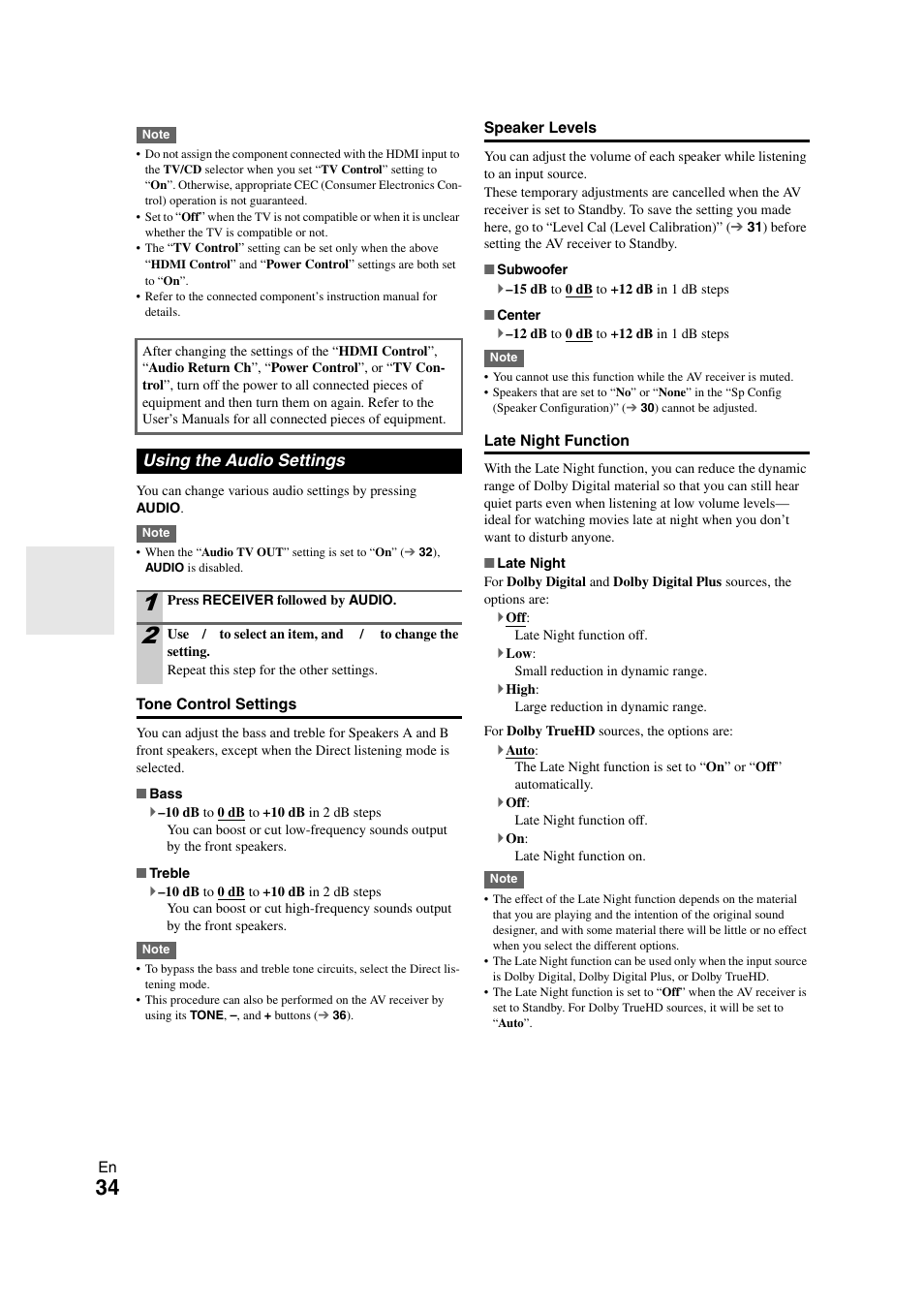 Using the audio settings | Onkyo TX SR308 User Manual | Page 34 / 52