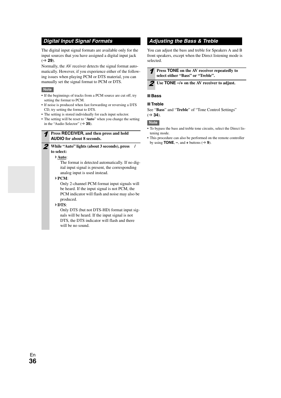 Digital input signal formats, Adjusting the bass & treble | Onkyo TX SR308 User Manual | Page 36 / 52