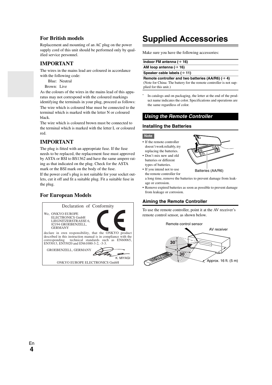 Supplied accessories, Using the remote controller, For british models | Important, For european models | Onkyo TX SR308 User Manual | Page 4 / 52