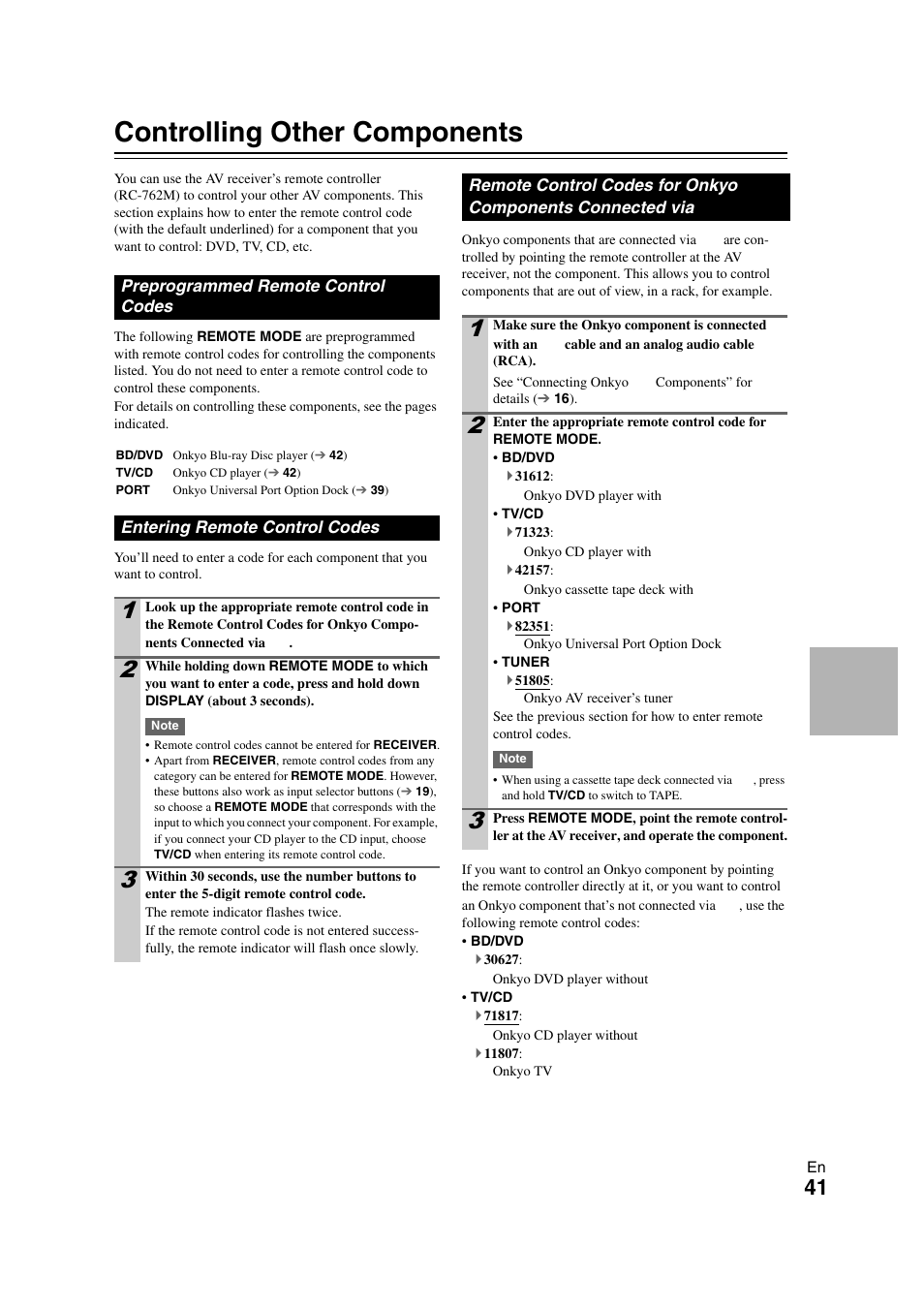 Controlling other components, Preprogrammed remote control codes, Entering remote control codes | Onkyo components connected via, 41 to, E “entering remote control codes” f, T time | Onkyo TX SR308 User Manual | Page 41 / 52